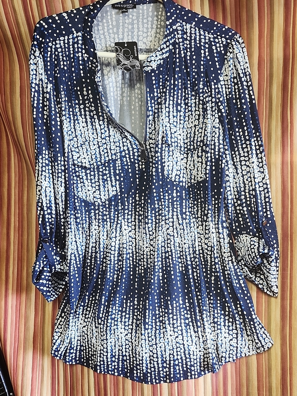 Ava & Grace Navy and White Dot-Print Split-Neck Blouse with Roll-Tab Sleeves